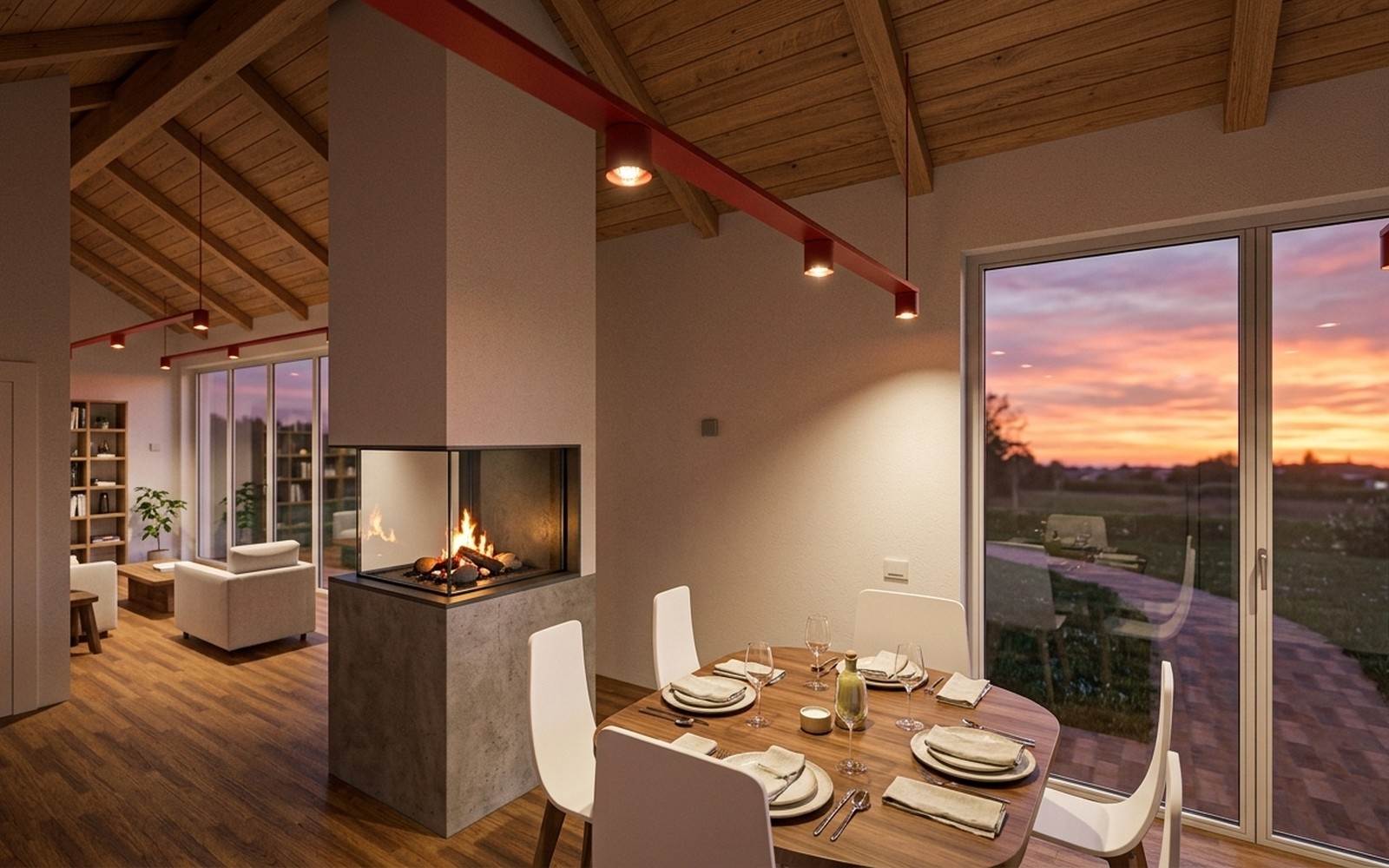 Render fotorealistico della zona pranzo della villa al tramonto