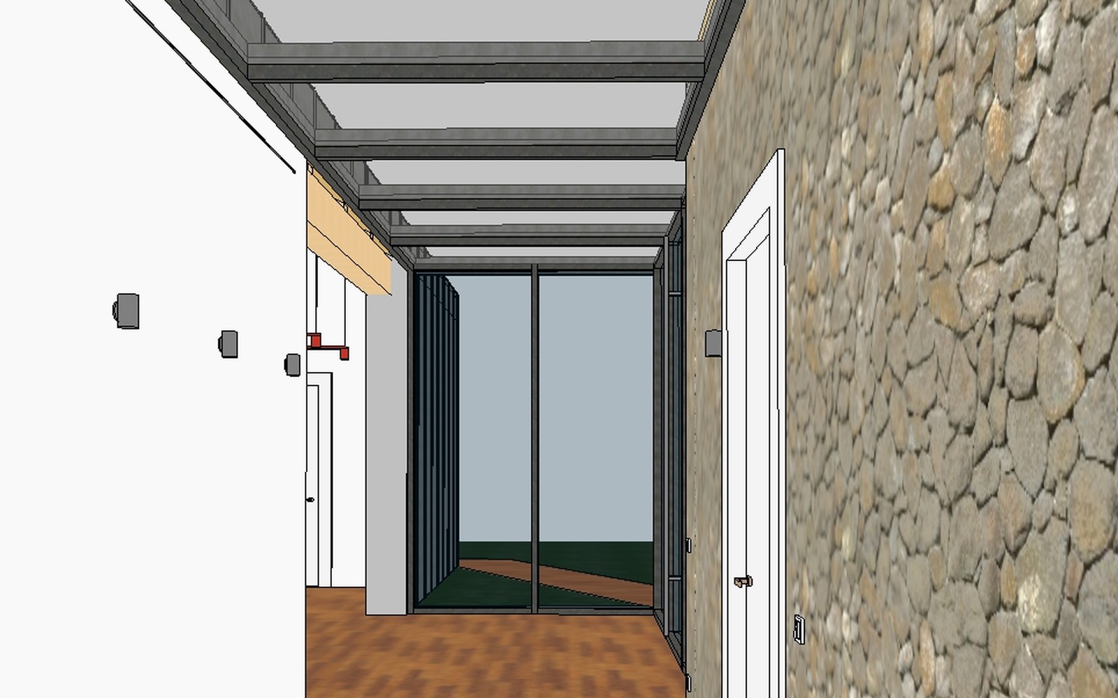 Vista Revit del corridoio della villa con muro in pietra e applique