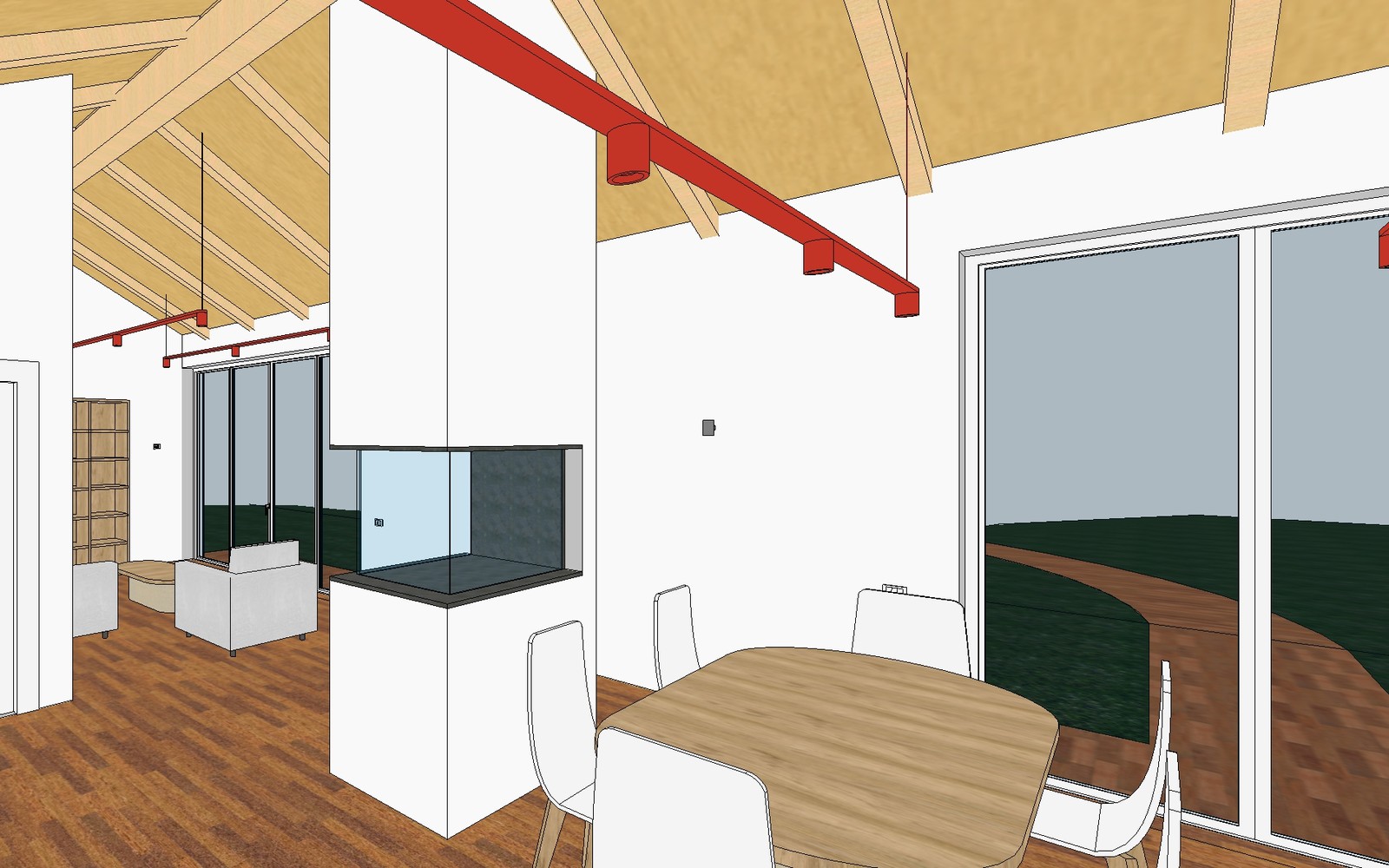 Vista Revit della zona pranzo della villa con camino e binario faretti