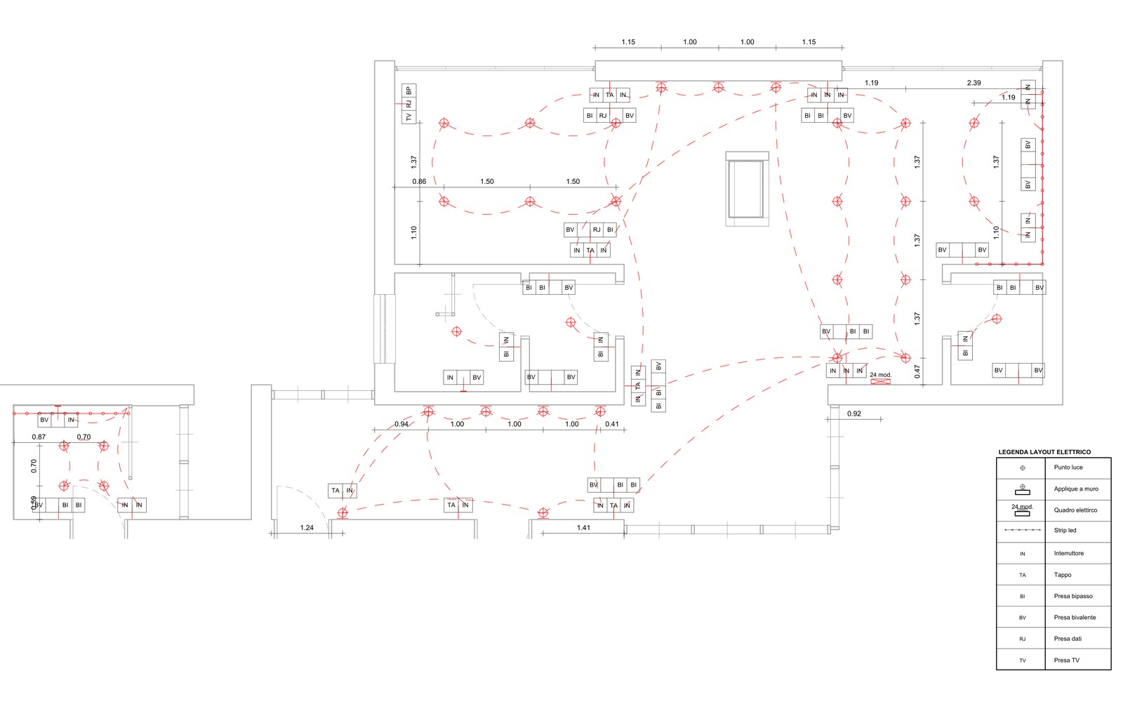 Tavola del layout punti luce e prese elettriche della villa